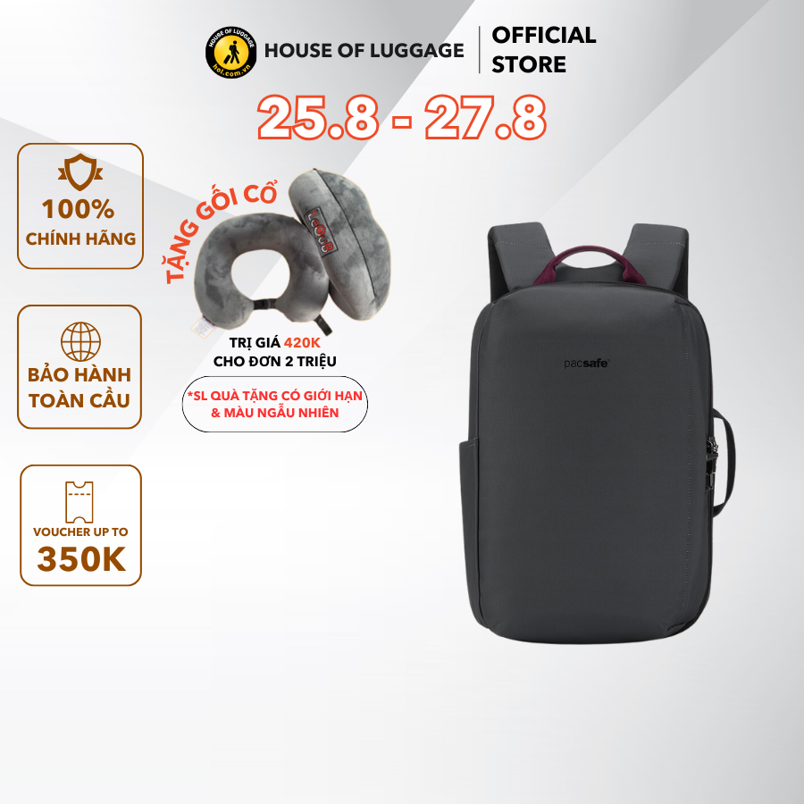 Balo laptop 13in Metrosafe X PACSAFE - ÚC :Balo laptop chống trộm được làm từ 19 chai nhựa tái chế bền vững với môi trường Lớp vải bên ngoài chống thấm nước, bảo vệ an toàn các thiết bị bên trong