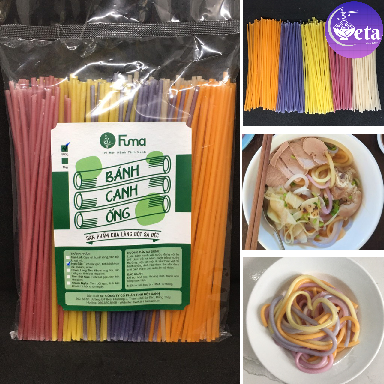 Bánh canh rau củ ngũ sắc FUMA 500gr/gói (gạo trắng, hoa đậu biếc, dành dành, lá cẩm, gấc) - bánh canh ống làng bột Sa Đéc - hcm, đồng nai
