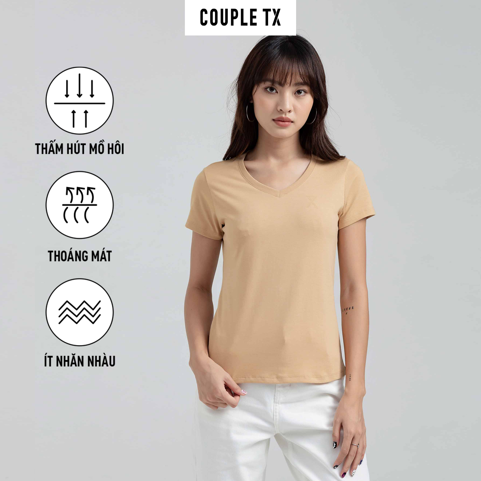 Áo thun nữ cổ tim couple tx basic vải đốm in logo x