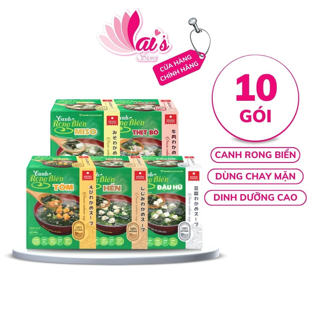 Hộp 10 Gói Canh Rong Biển Asuzac Đậu Hũ, Thịt Bò, Tôm, Miso, Hến, Thịt Thật, Dinh Dưỡng Cao, Chay Mặn Đều Dùng Được