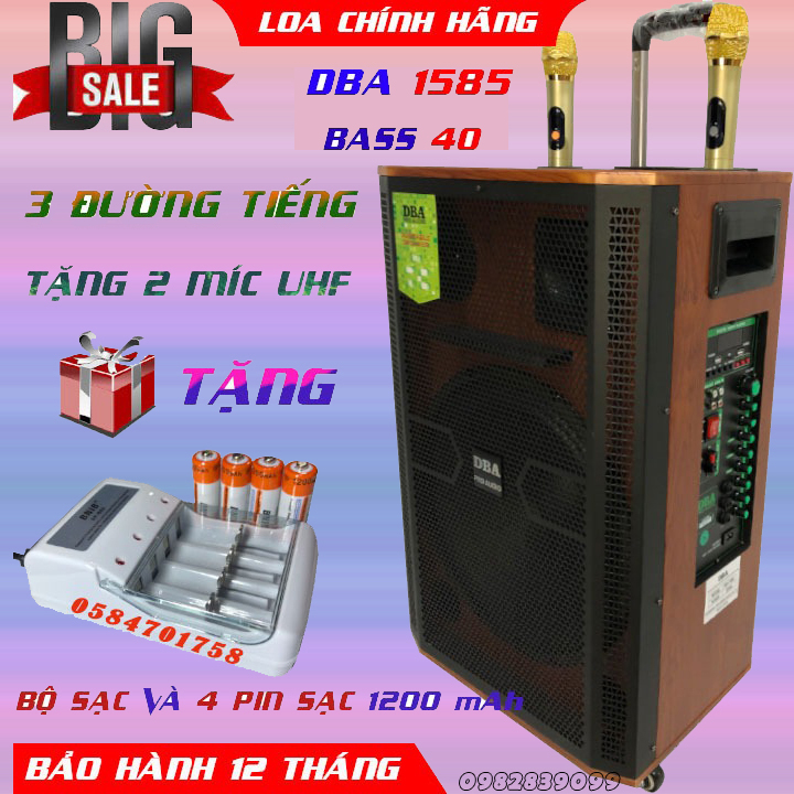 Loa kéo cao cấp dba 1585 bass 40 ba đường tiếng âm thanh siêu chất - kèm 2 míc kim loại uhf chống hú xịn