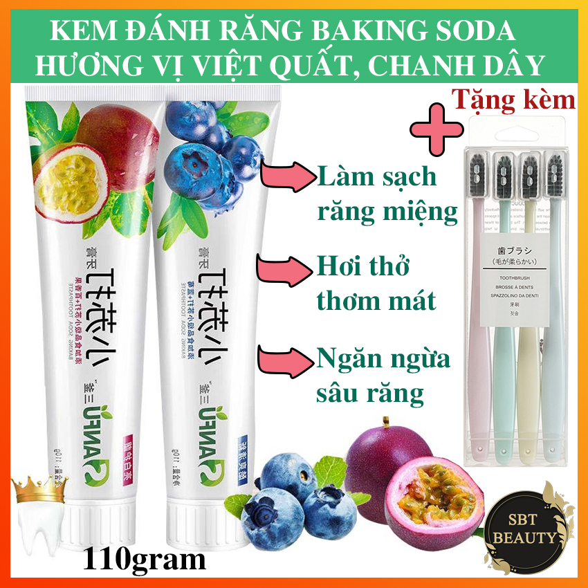 [Tặng Bàn Chải] Kem Đánh Răng Baking Soda SANFU 110gram  Hương Vị Trái Cây Việt Quất, Chanh Dây – Làm Sạch Các Vết Bẩn Bám Trên Răng Miệng, Tẩy Trắng Răng, Bảo Vệ Men Răng, Ngăn Ngừa Sâu Răng Hiệu Quả, Hơi Thở Thơm Mát