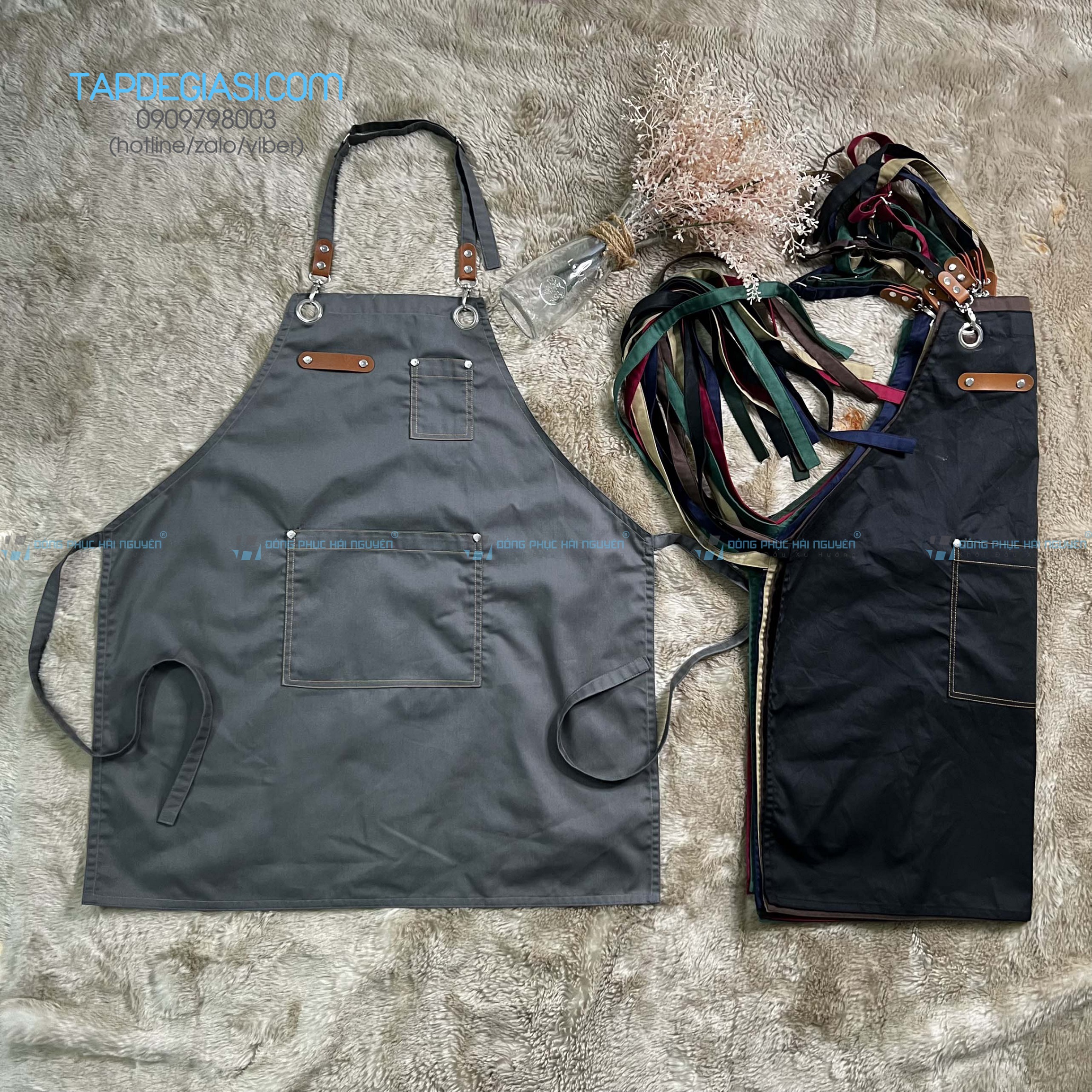 [GIÁ SỈ] Tạp dề yếm ĐEN phối DA 1 LỚP, ĐÍNH NÚT THỜI TRANG mẫu bền đẹp dành cho NAM NỮ làm đồng phục