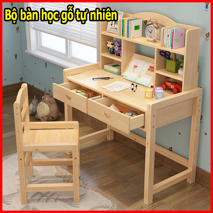 Bộ bàn học cho bé gỗ thông tự nhiên, Bàn học chống gù chống cận thông minh, bàn học sinh cho trẻ em tiểu học cho bé trai bé gái có kèm giá sách nâng hạ chiều cao mặt bàn và mặt ghế