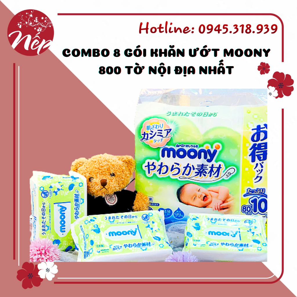 COMBO 8 GÓI KHĂN ƯỚT MOONY 800 TỜ NỘI ĐỊA NHẤT
