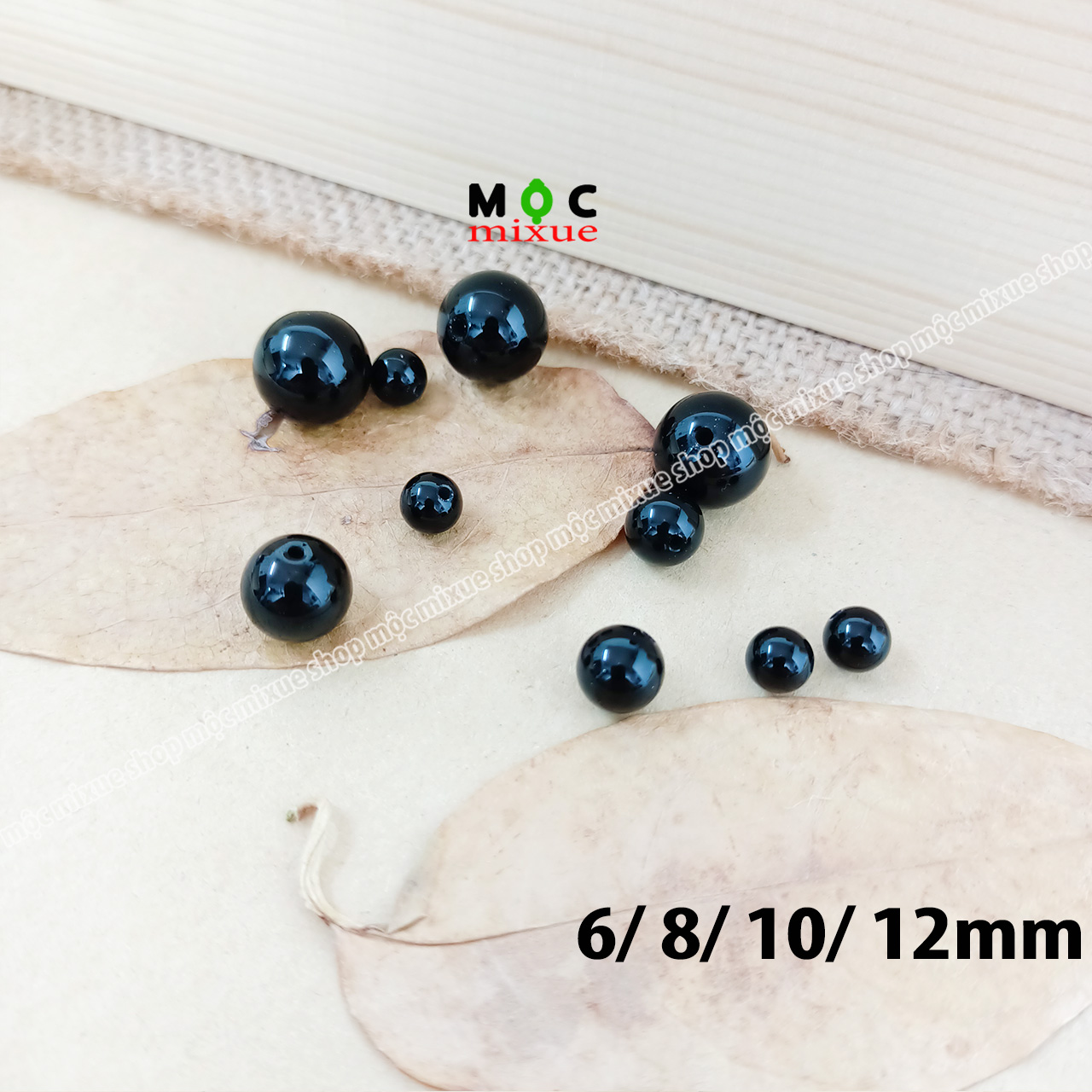 6mm/ 8mm/ 10mm/ 12mm/ 1 hạt tròn agate đen bóng để làm vòng tay handmade _ mộc mixue