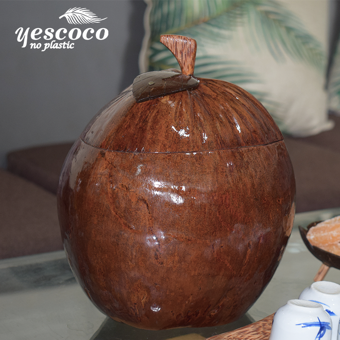 Bình đựng ấm trà bằng gáo dừa - tặng bình tích hoa văn giả cổ