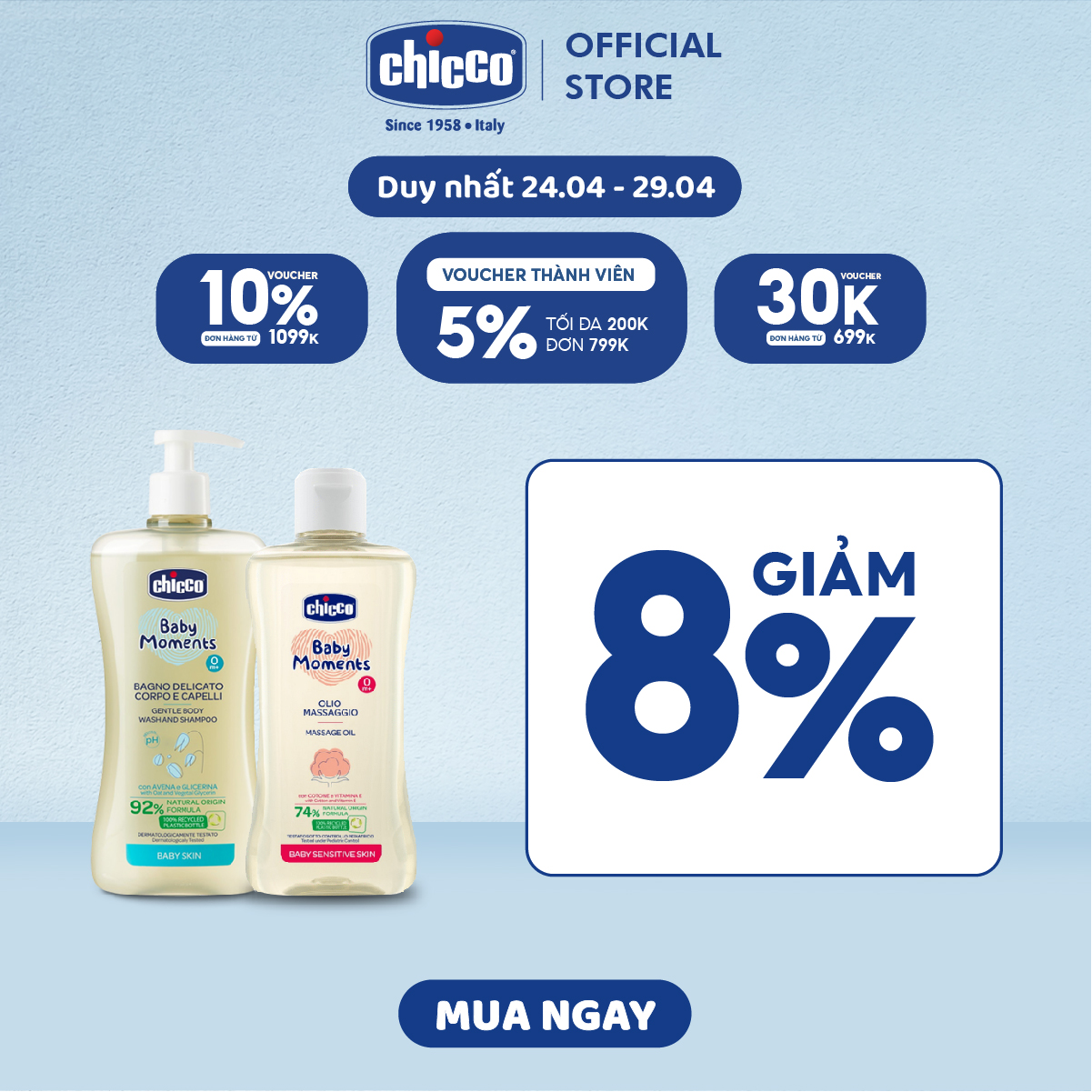 Combo Sữa tắm gội chiết xuất Yến mạch 0M+ Chicco 500ml + Dầu mát-xa chiết xuất hạt bông 0M+ Chicco 200ml