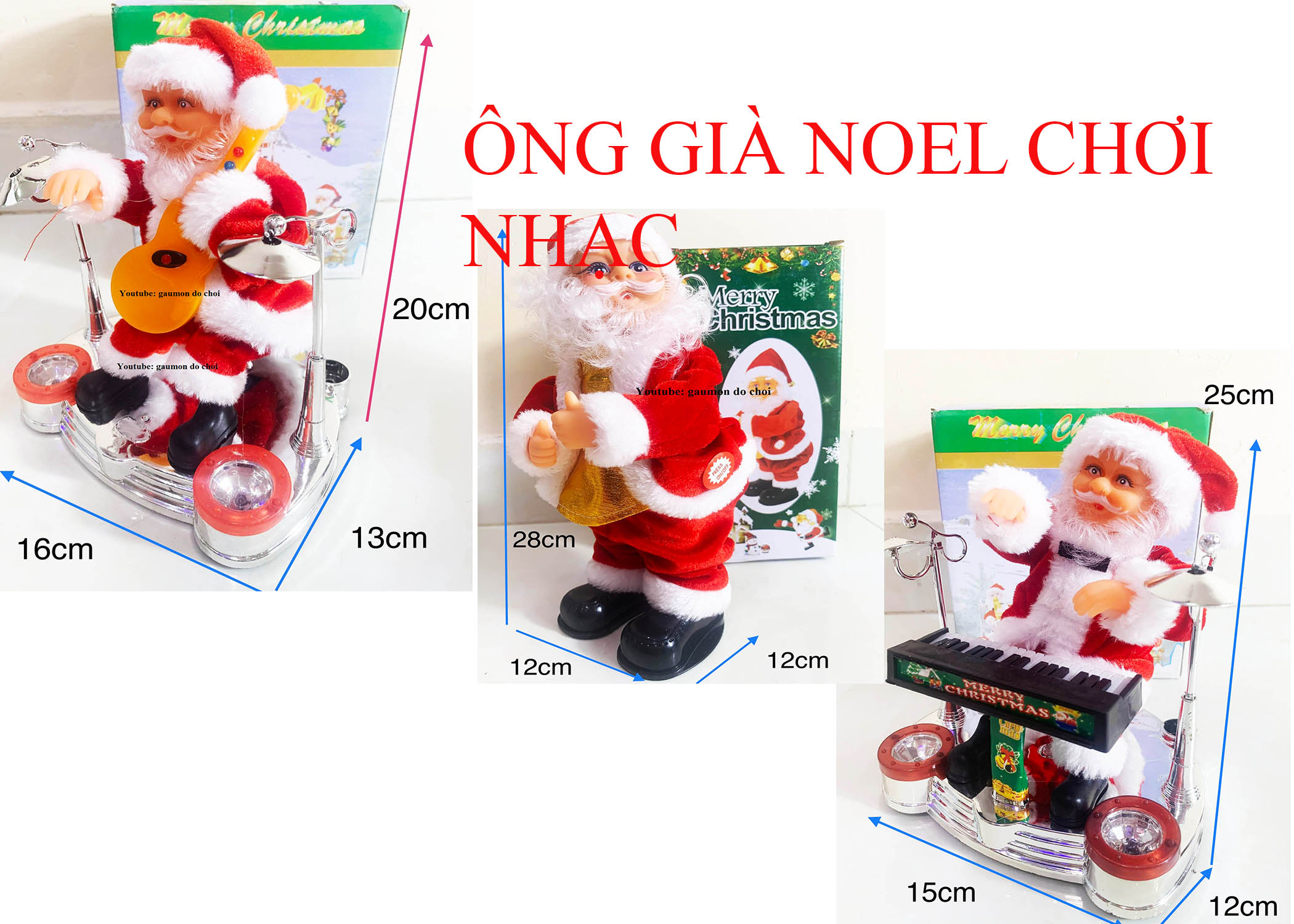 Đồ chơi ông già noel đứng thổi kèn, ngồi thổi kèn, đánh piano, đánh trống nhạc có đèn nhạc giáng sin