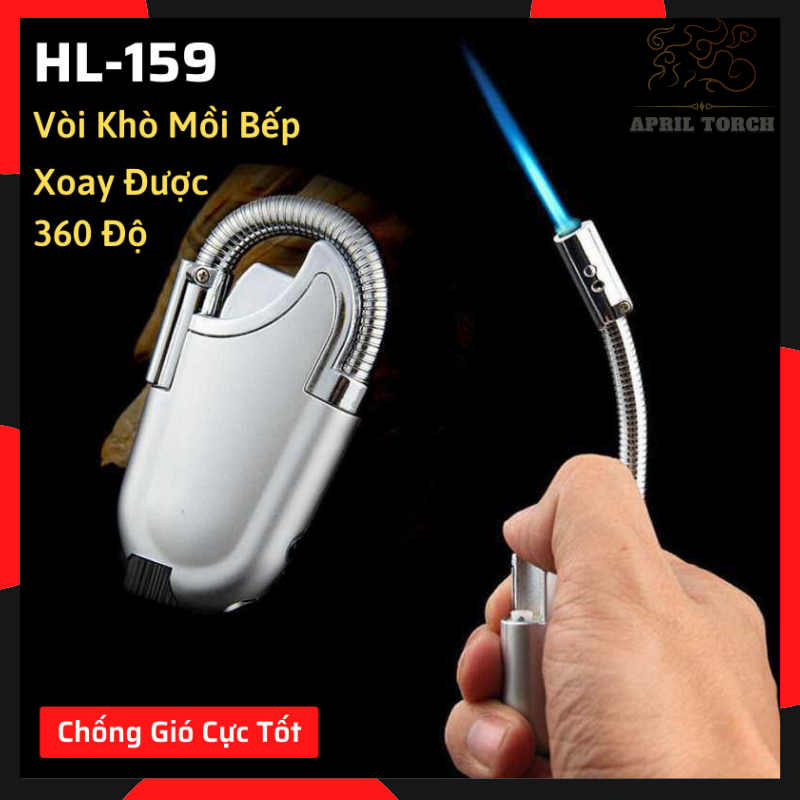 Bật lửa mồi bếp mg 159 dùng gas lửa khò tia đầu xoay 360 độ tích hợp đèn pin