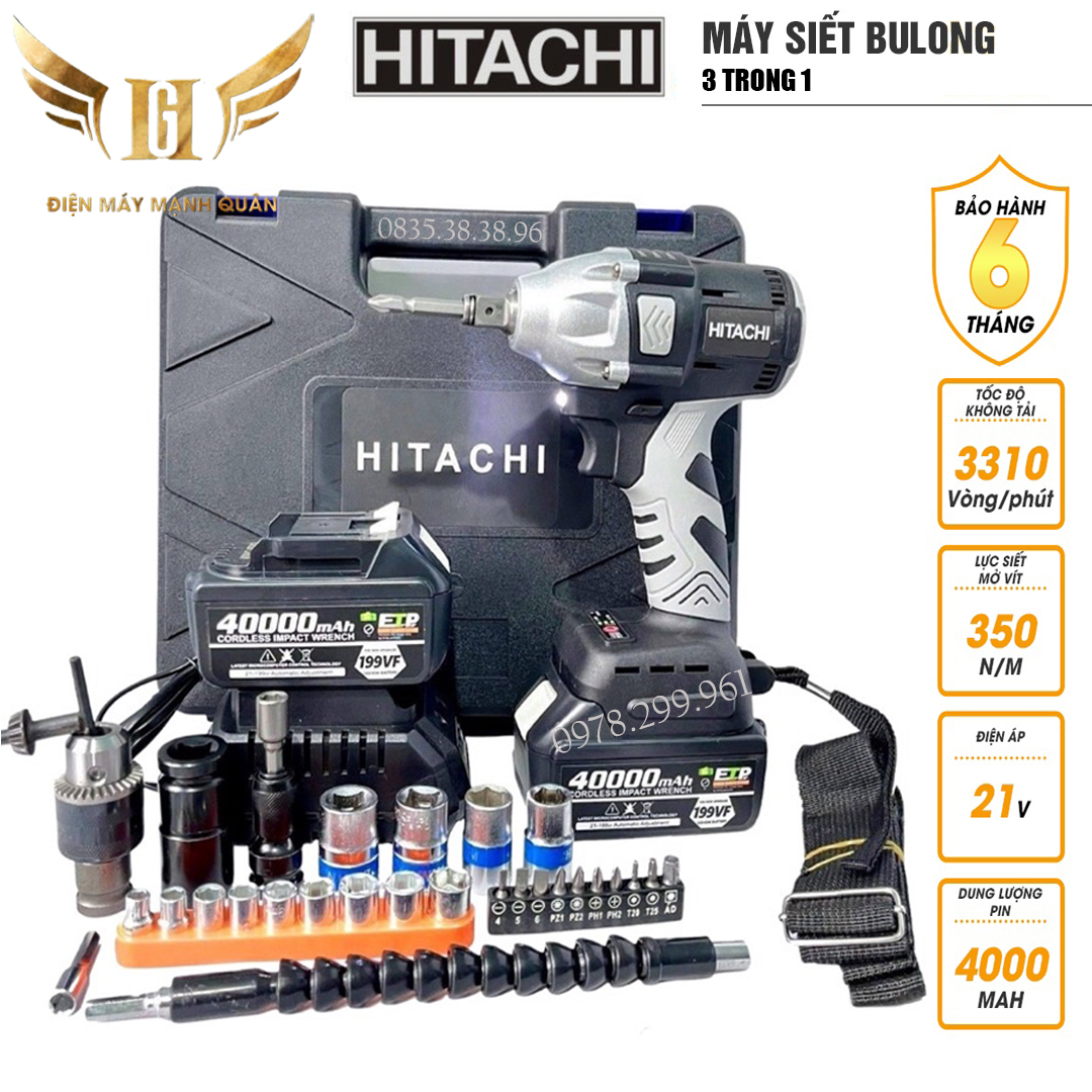 Máy siết bulong hiitachii 199vf không chổi than tặng đầu khẩu 22, đầu chuyển vít, mũi vít
