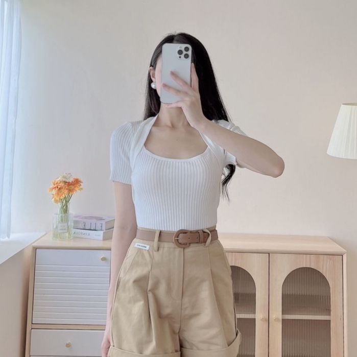 Áo len cổ vuông tay ngắn dáng ôm len tăm gân hot hit EvaLover