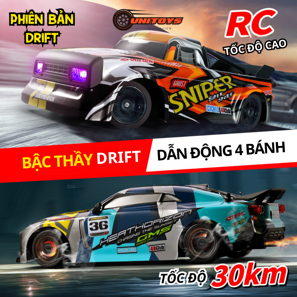 Xe drift điều khiển từ xa h4, ô tô đua tốc độ cao 30km/h pin sạc 2 cầu tỉ lệ 1/16