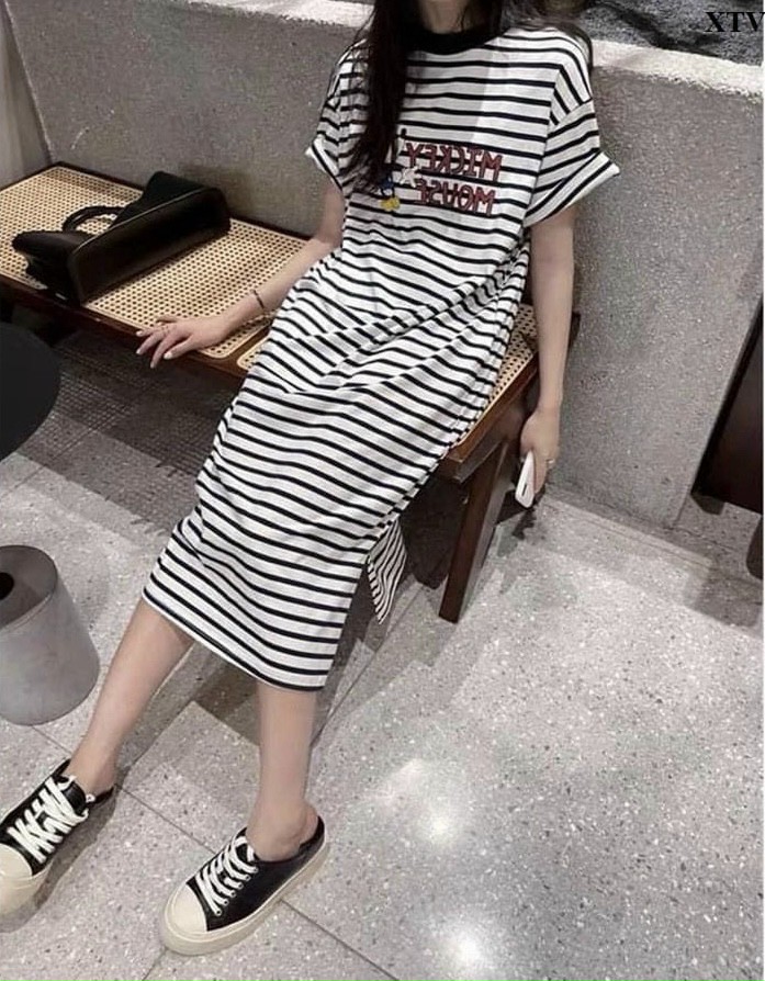 váy suông cộc tay mùa hè - đầm suông mặc hè kẻ in hình mickey cá tính