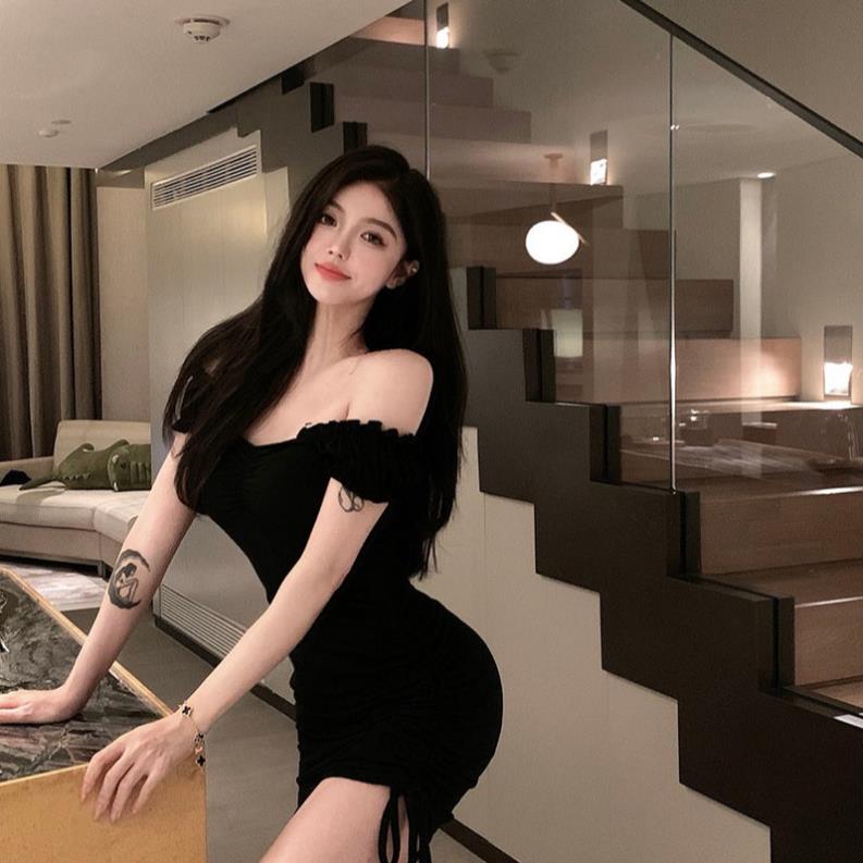Đầm body trơn rút dây, váy ôm nhún thân, trễ vai phối tay sexy