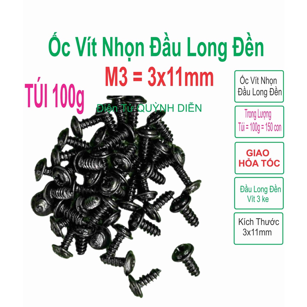 Ốc vít đầu long đền 3x11mm ren xoán nhọn 100g - linh kiện điện tử HCM