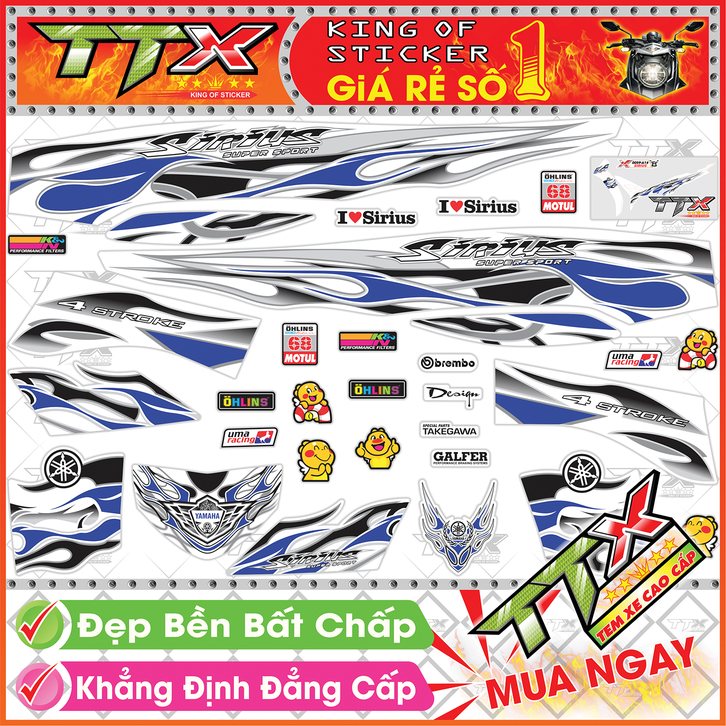 Tem xe sirius trắng xanh gp - tem sirius lửa xanh gp siêu đẹp - mẫu team sirius xanh gp trắng