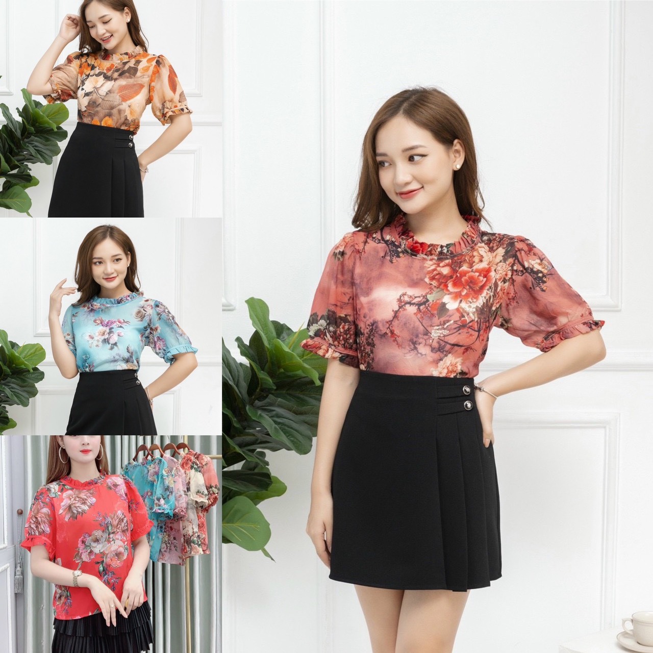 Áo hoa cổ viền tay bo kiểu dáng trẻ trung