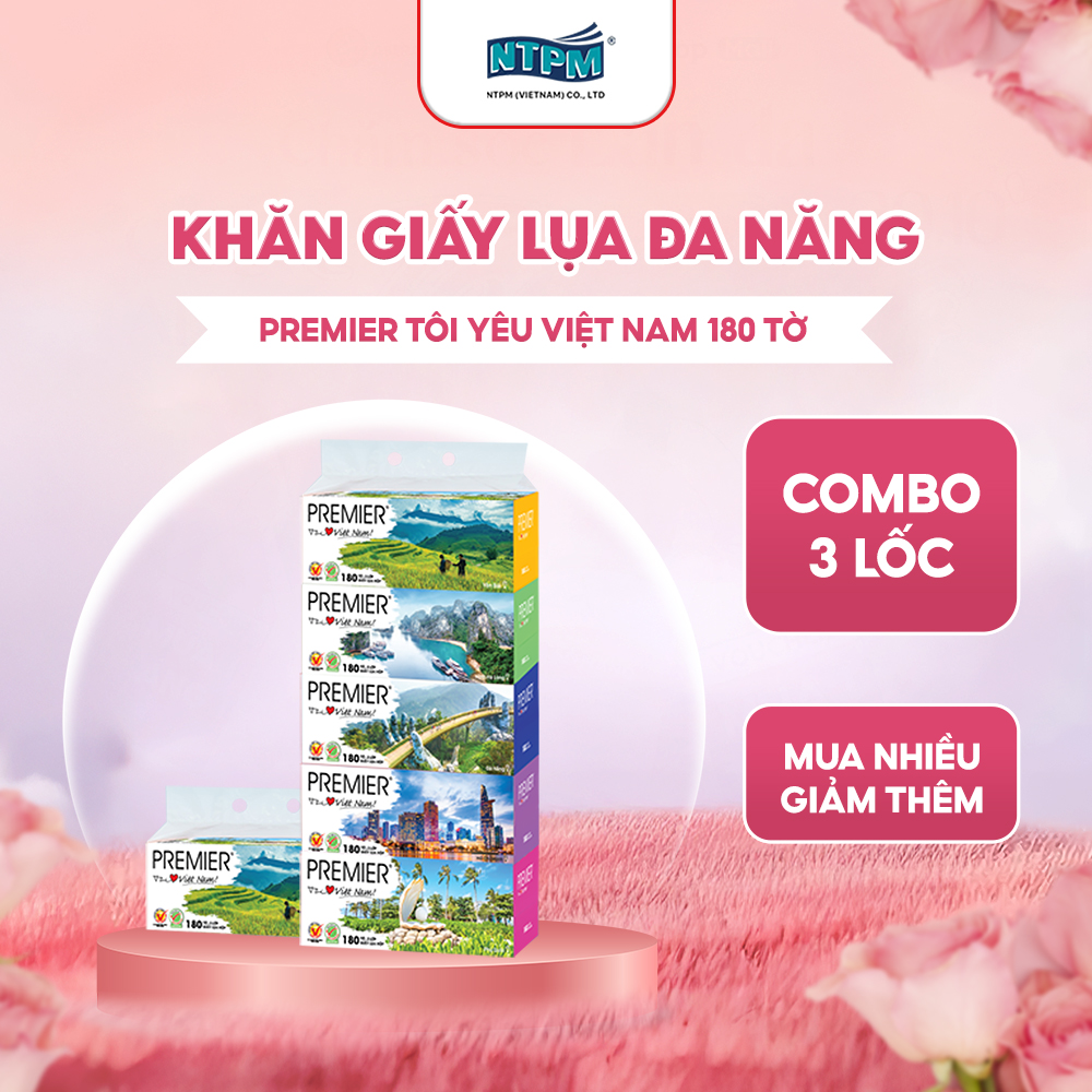 (VC 15%) [COMBO 5 HỘP] Khăn giấy lụa đa năng Premier Tôi Yêu Việt Nam 2 lớp 100% bột giấy nguyên sinh, không chất tẩy 180 tờ