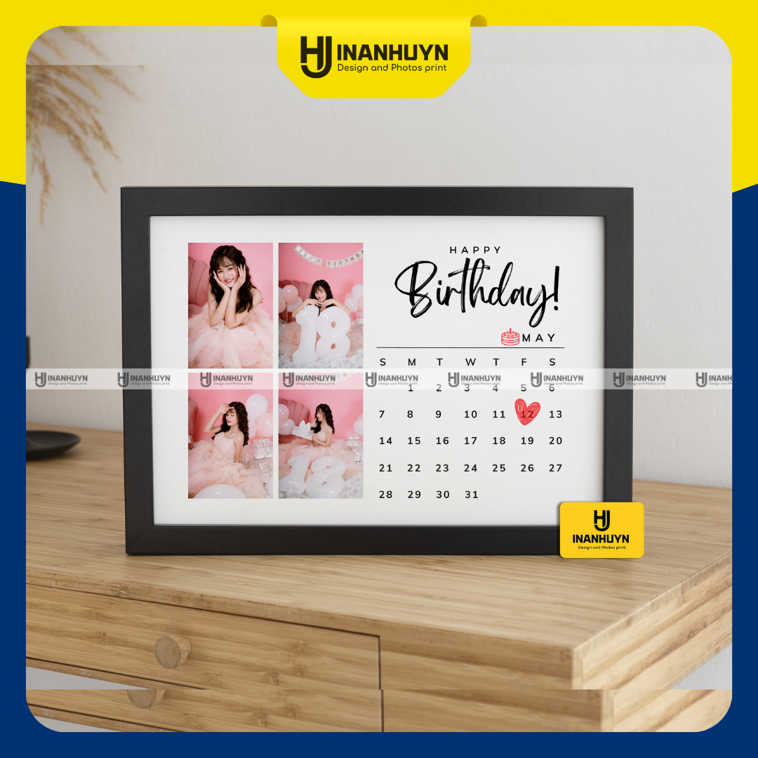 Khung in ảnh thiết kế theo yêu cầu - Khung in 4 hình - Mẫu Happy birthday - Khung tặng sinh nhật