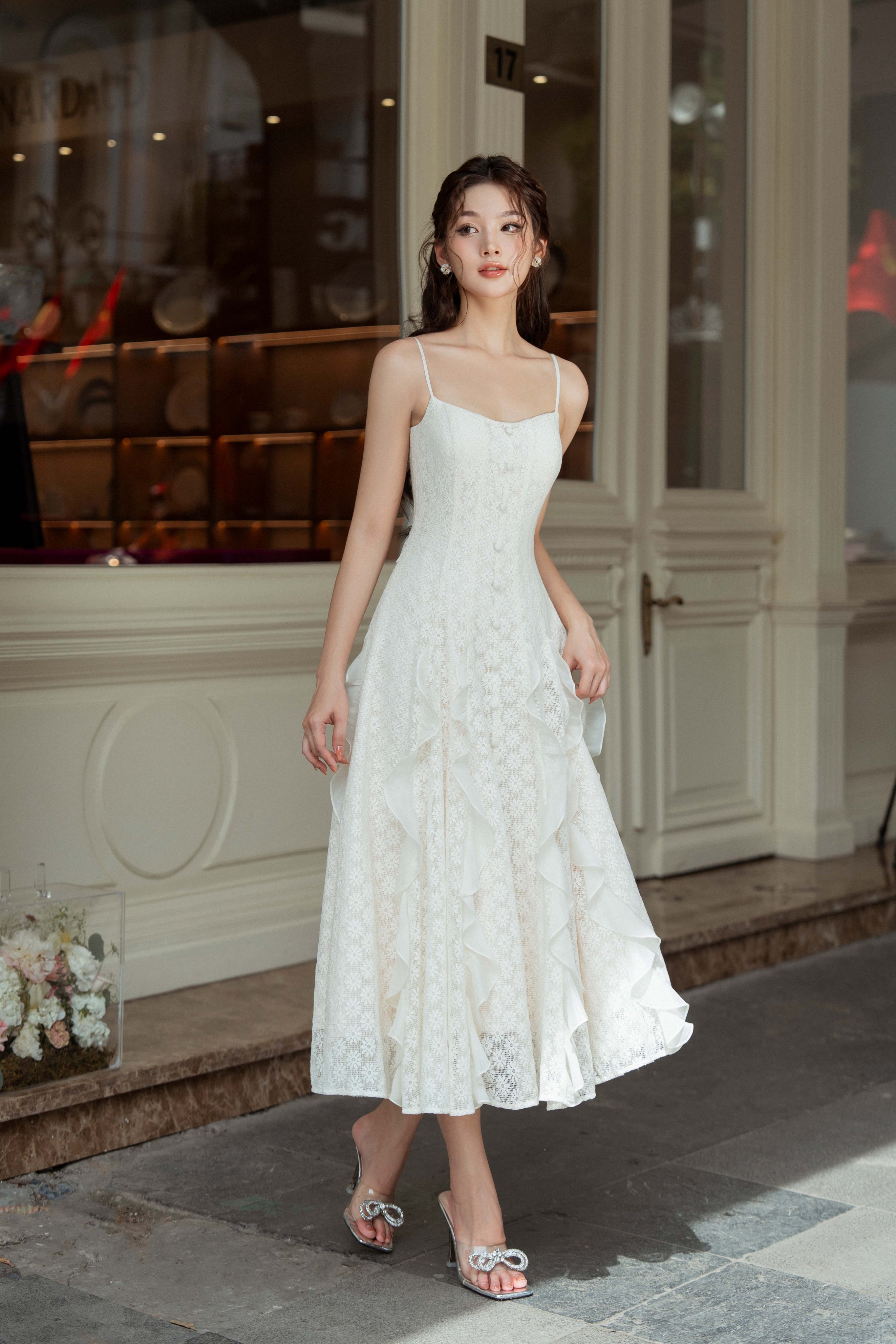 Sò vintage - jimy đầm ren phối bèo hai dây