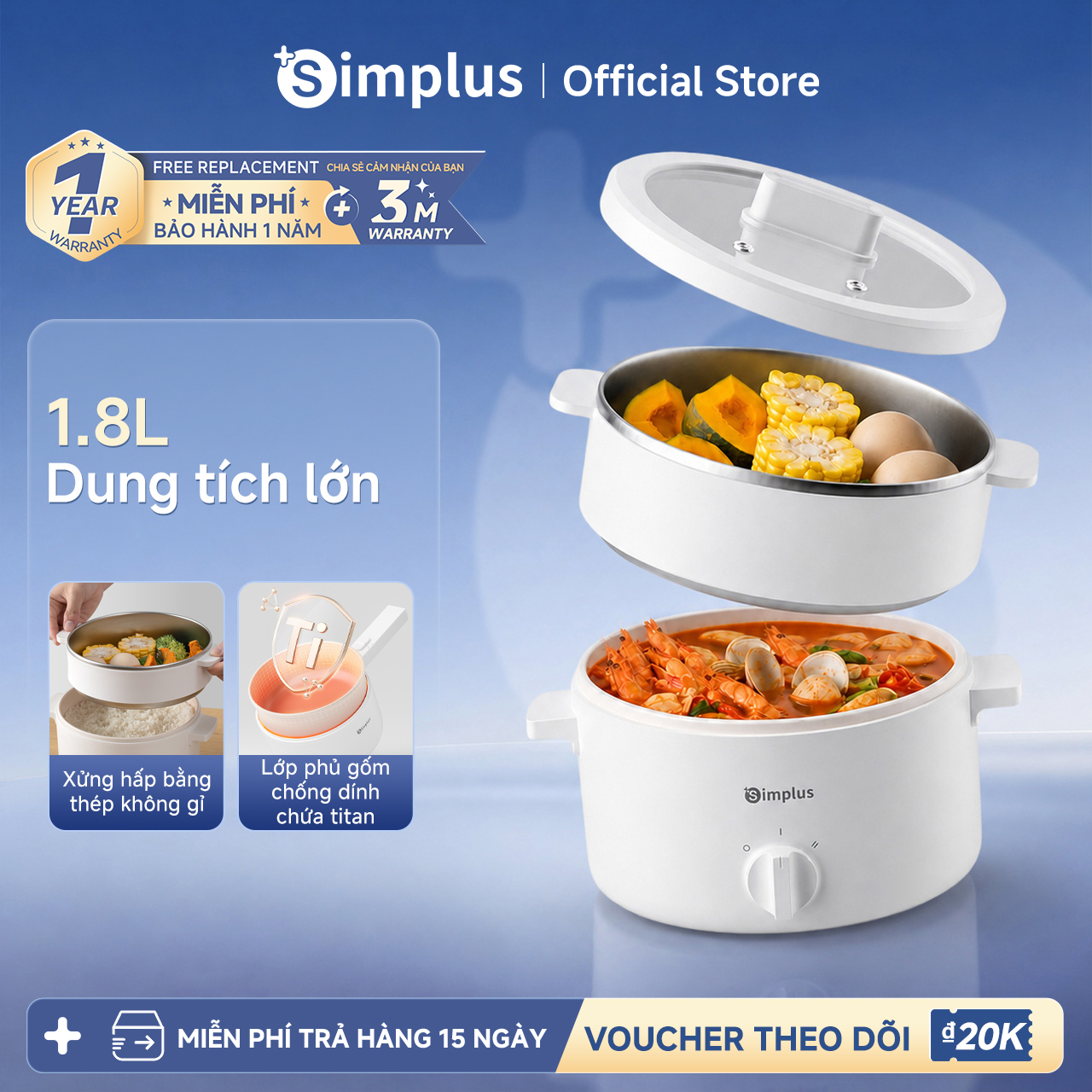 Simplus Electric Hot Pot 1.8L Capacity Multi-Function Electric Pot 600W Capacity Multi-Function Cooking Steaming and Boiling at the Same Time Dzgh013Fz