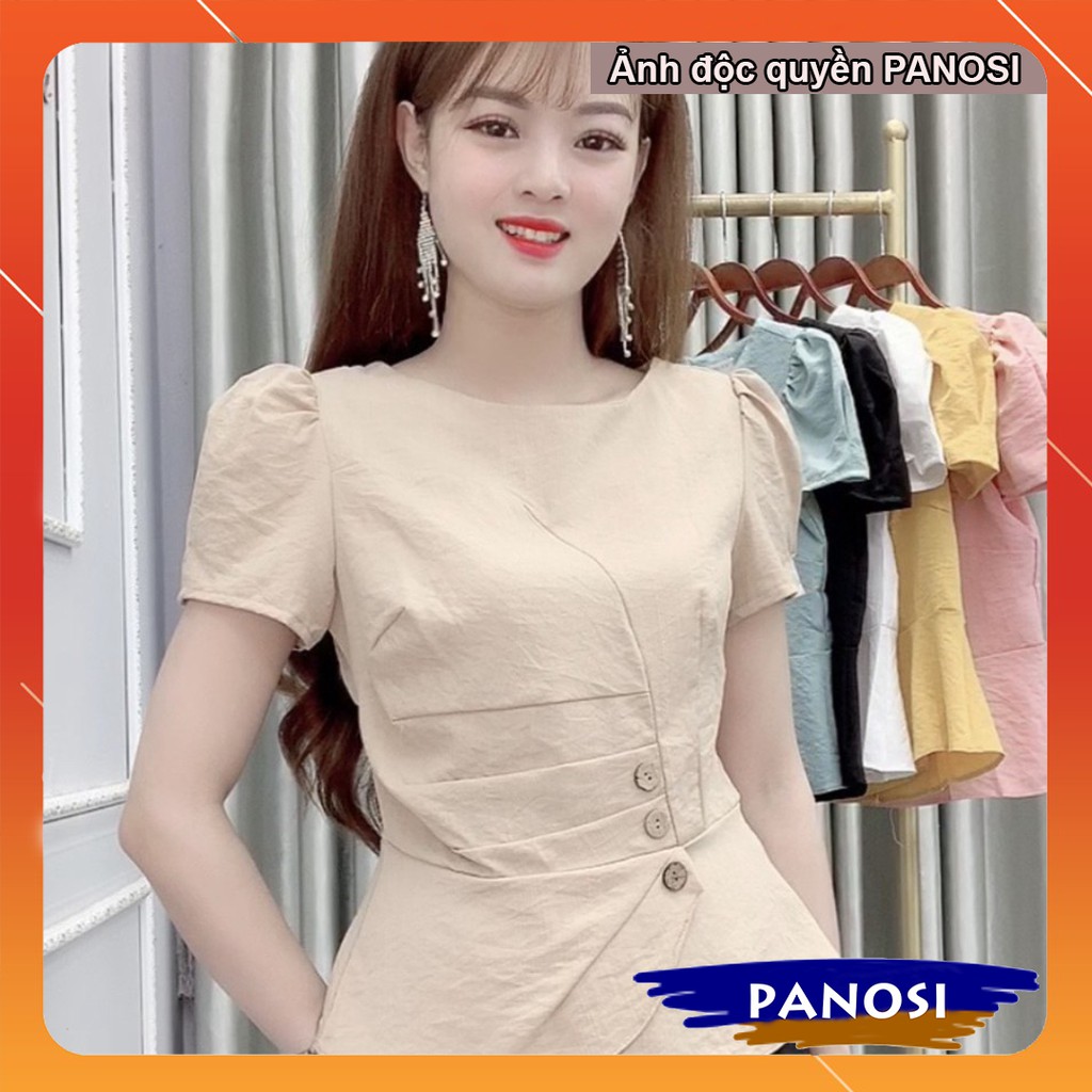 Áo sơ mi nữ kiểu chất đũi công sở ngắn tay cổ tròn panosi - a410