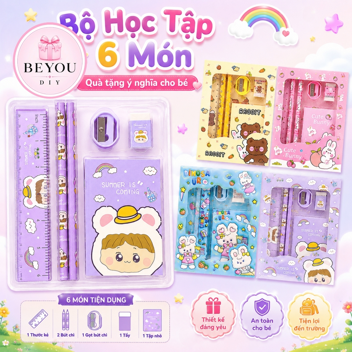 Bộ Học Tập 6 Món Cute Cho Bé, Hộp Dụng Cụ Học Sinh Gồm Thước Bút Chì Gọt Tẩy Sổ Mini