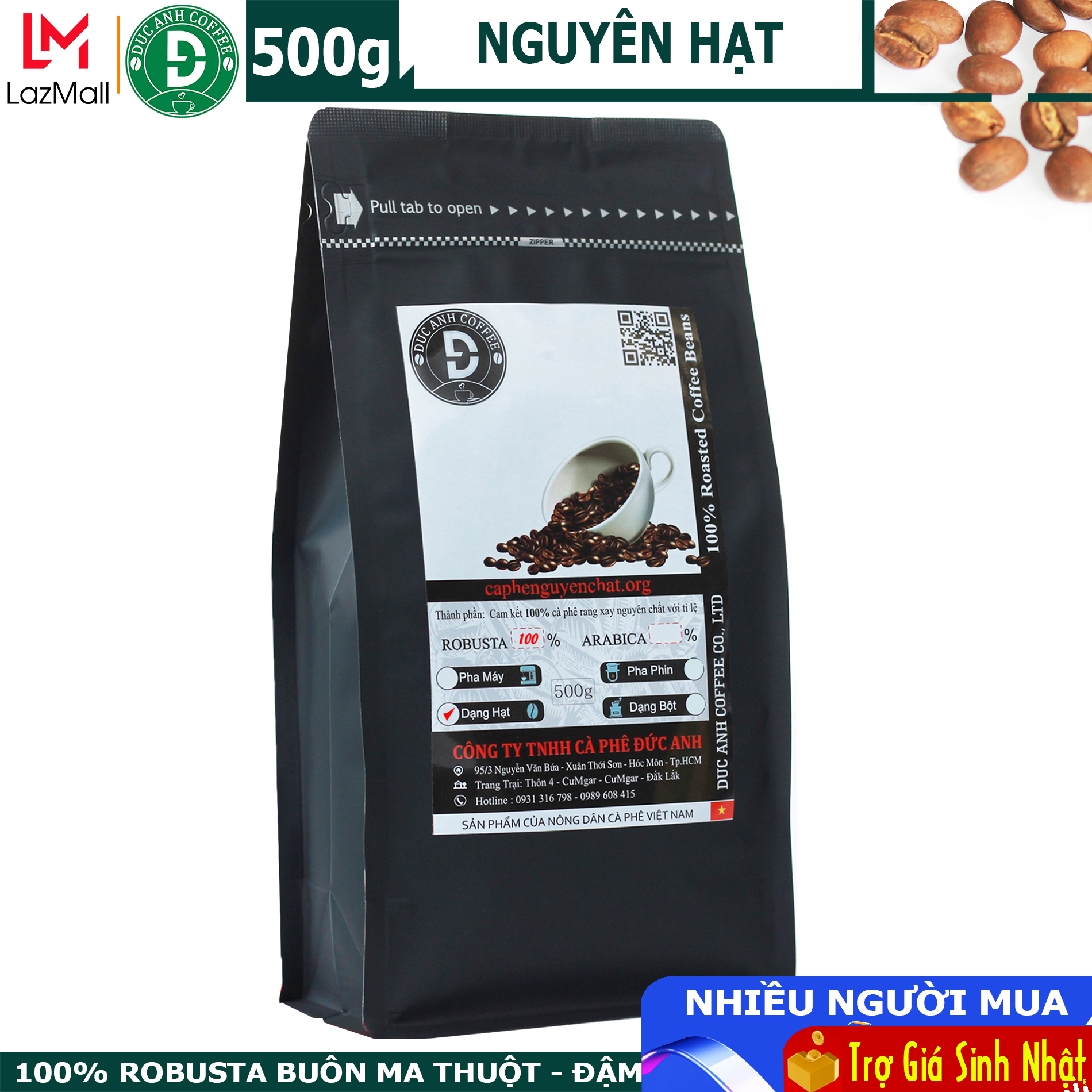 Cà phê hạt pha máy rang mộc 100% robusta đậm vị, mạnh, hậu ngọt - gói 500g zipper - duc anh coffee dùng pha phin và pha máy - cafe hạt rang mộc - top