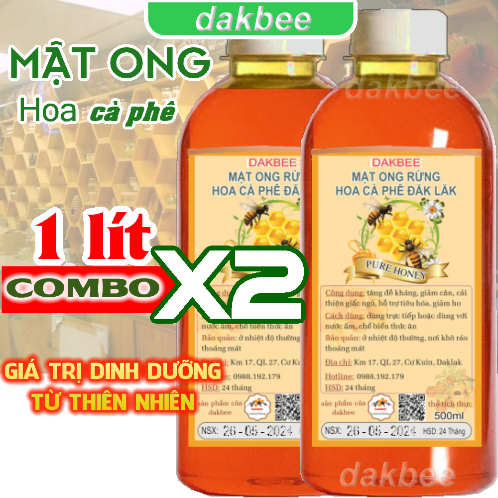 1 lít (2x500ml) Mật ong rừng hoa cà phê nguyên chất Daklak - tăng cường sức khỏe, sức đề kháng, cam kết chất lượng -[dakbee]