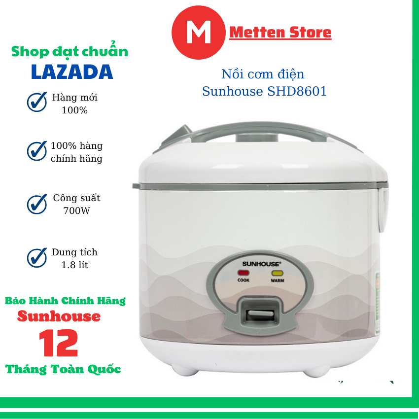  Nồi cơm điện Sunhouse SHD8602-nồi cơm điện nắp liền 1 lít 8-700W-lòng nồi chống dính-bảo hành toàn quốc 12 tháng 