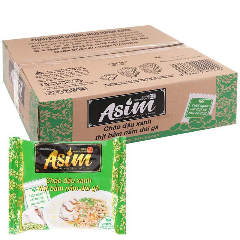 Cháo asim đậu đậu xanh thịt bằm nấm đùi gà thùng 30 gói 72g