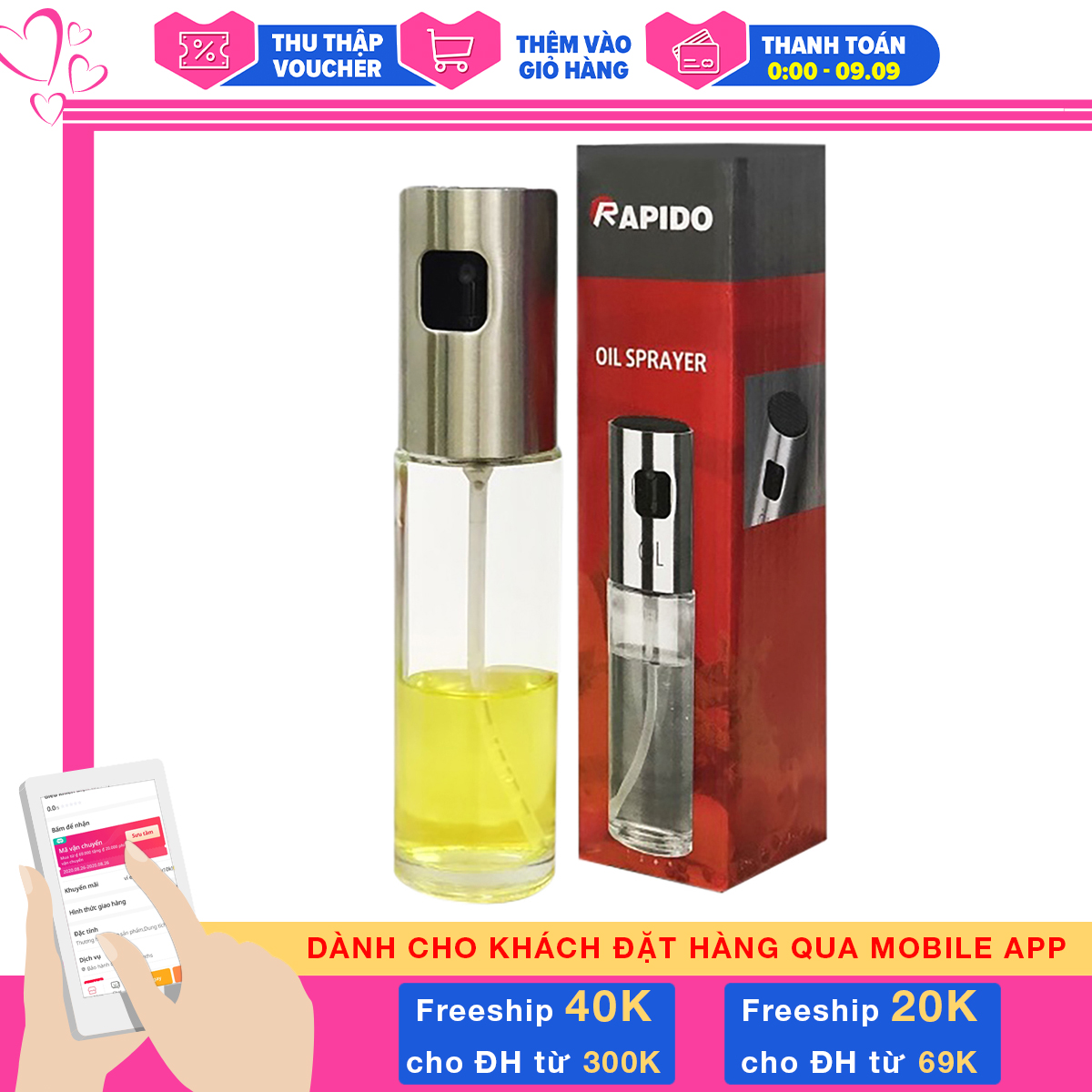 Bình xịt dầu ăn thủy tinh tiện dụng Rapido, nắp inox, kiểu dáng sang trọng