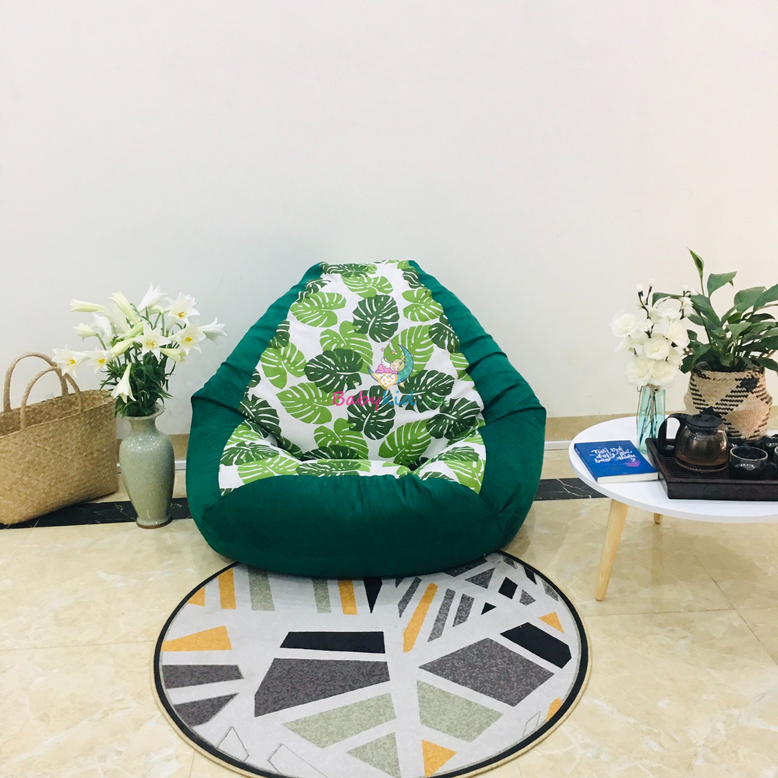 Vỏ ghế lười dáng lê họa tiết lá phong size S (60x90cm) chưa kèm hạt xốp