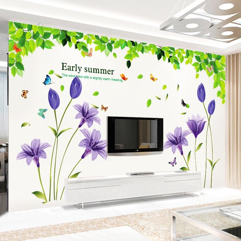 BỘ COMBO DECAL GHÉP ĐÔI TRANG TRÍ - Thảo Anh Tím kết hợp Lá Cây trần nhà ( 2 TẤM )