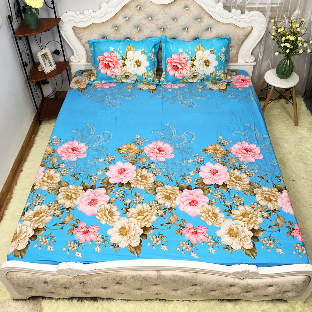 Bộ ga gối cotton poly mẫu hoa trà xanh