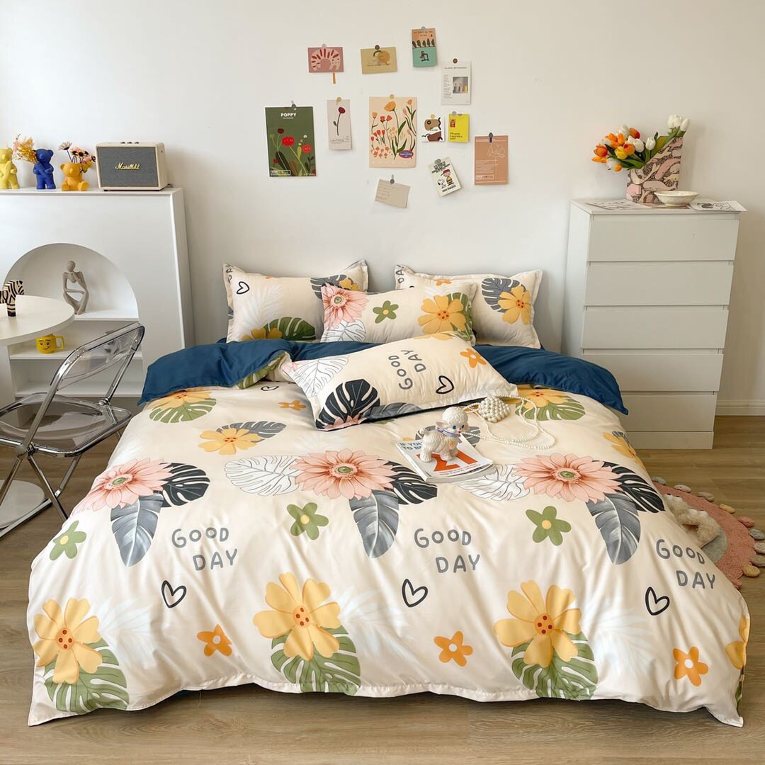 Bộ chăn ga gối cotton poly cao cấp mẫu hoa lá cọ mã PMH11