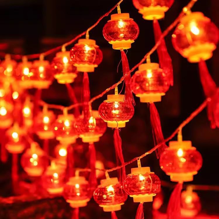 Dây đèn led lồng đèn giả pha lê, dây đồng tiền đỏ trang trí lễ Tết