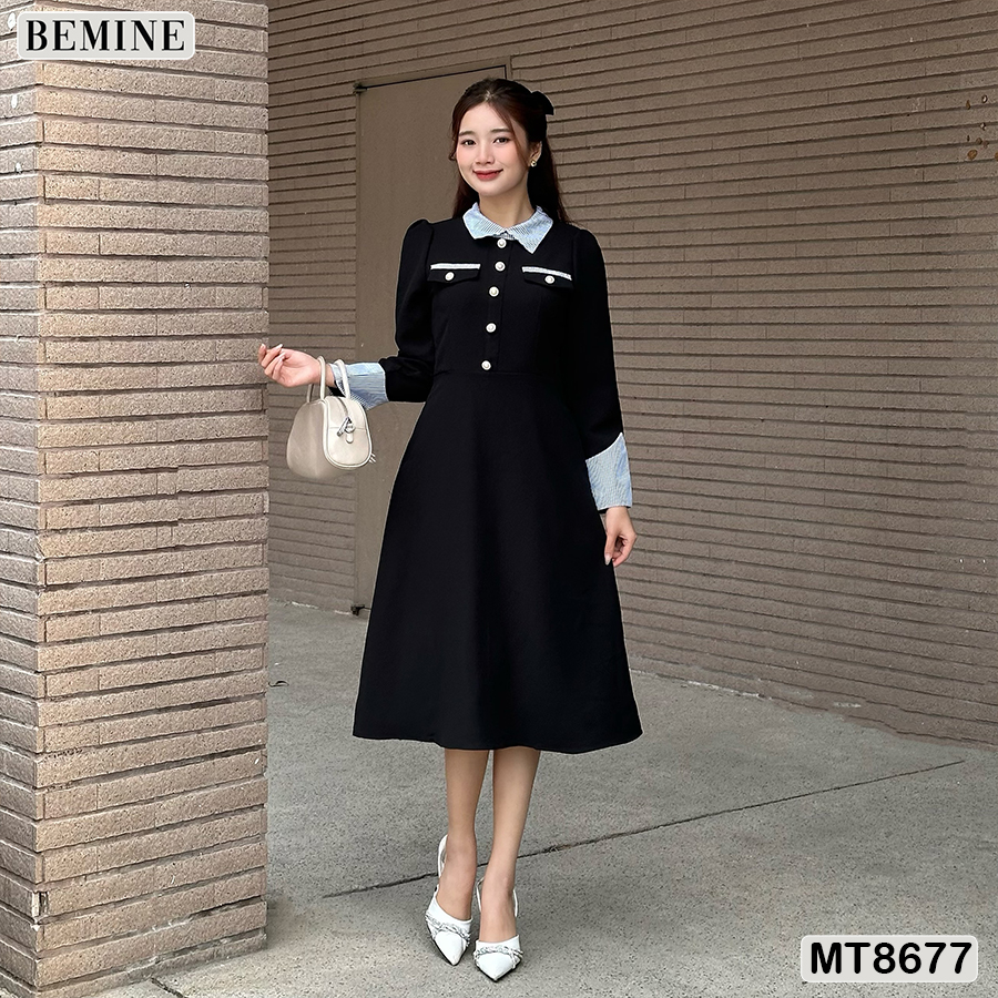 Đầm thiết kế tay dài phối cổ tùng chữ a bemine mt8677
