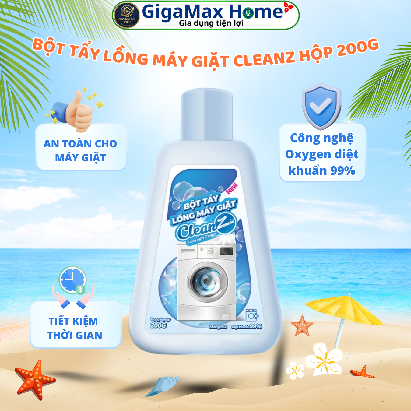 Hộp Bột Tẩy Lồng Máy Giặt Cao Cấp CleanZ 200g – Diệt Khuẩn 99%, Đánh Bay Mùi Hôi & Cặn Bẩn | GigaMax Home