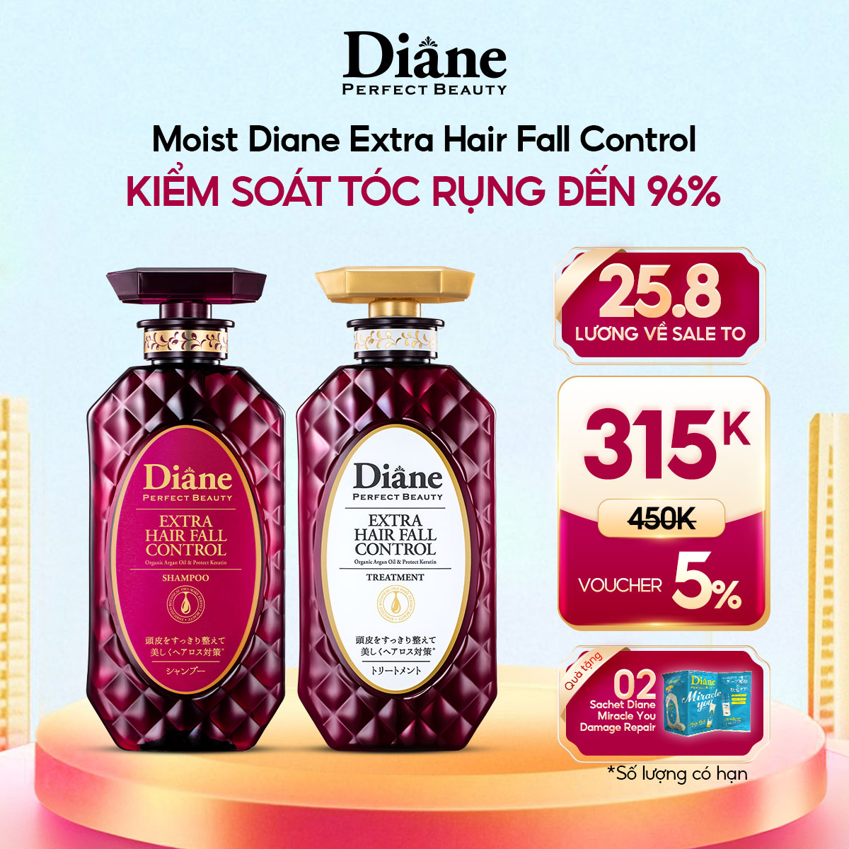 Dầu Gội Dầu Xả Kiểm Soát, Ngăn Ngừa Rụng Tóc Lên Đến 96% - Moist Diane Extra Hair Fall Control