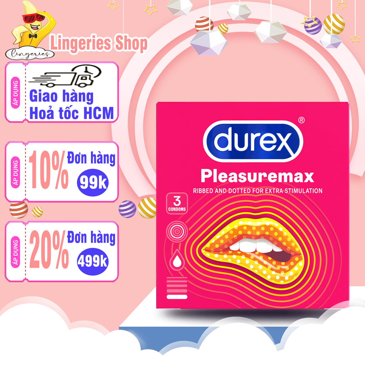 Bao Cao Su Gân Gai Durex Pleasuremax - Gân Gai Size 56mm - Hộp 3 Cái
