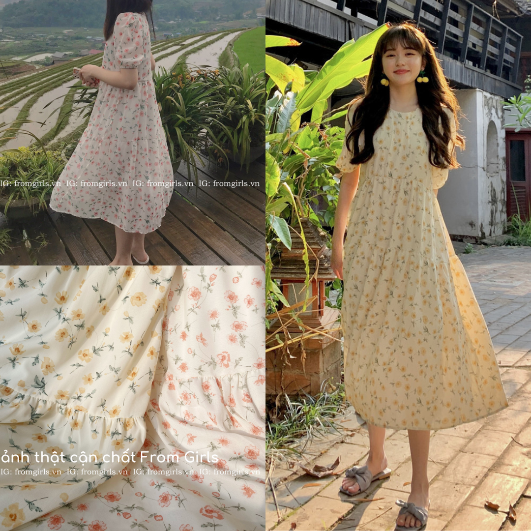 Đầm maxi hoa nhí tay phồng, Váy babydoll hoa nhí ulzzang - V45FG