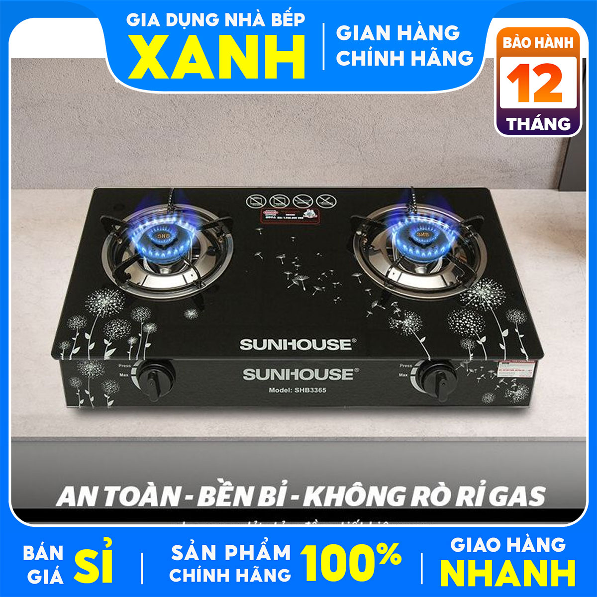 Bếp gas đôi Sunhouse SHB-3365 Mới Chính Hãng+Tặng Dây gas, Đầu đốt bằng đồng thau bền bỉ, cho lửa xanh không đen nồi.