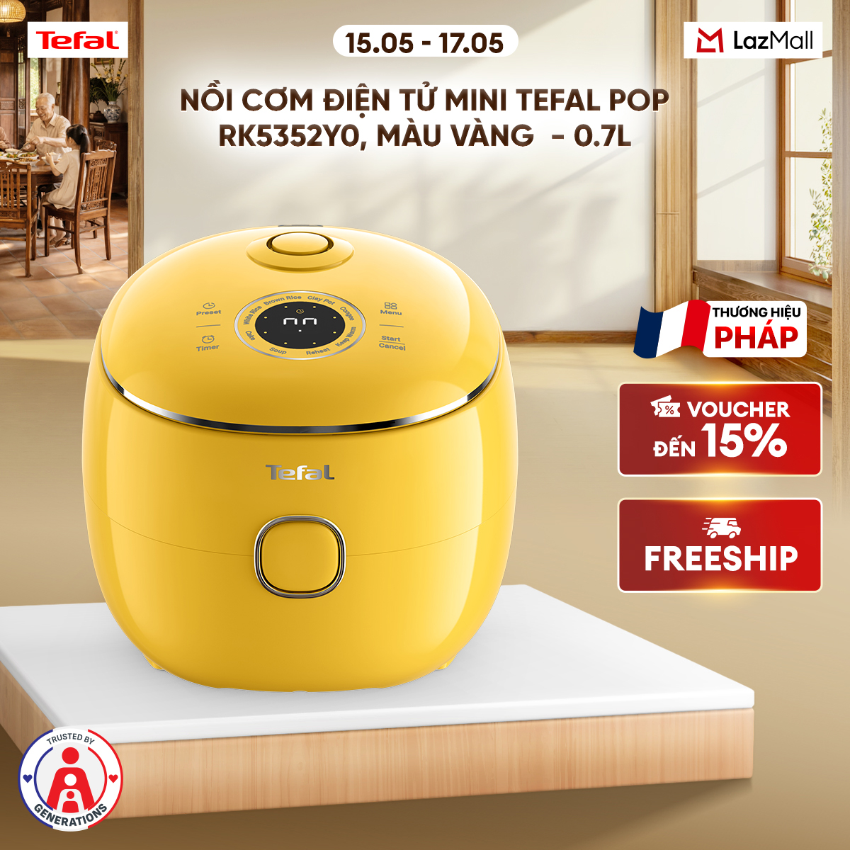 Nồi cơm điện tử Mini Tefal POP RK5352Y0, Màu Vàng  - 0.7L
