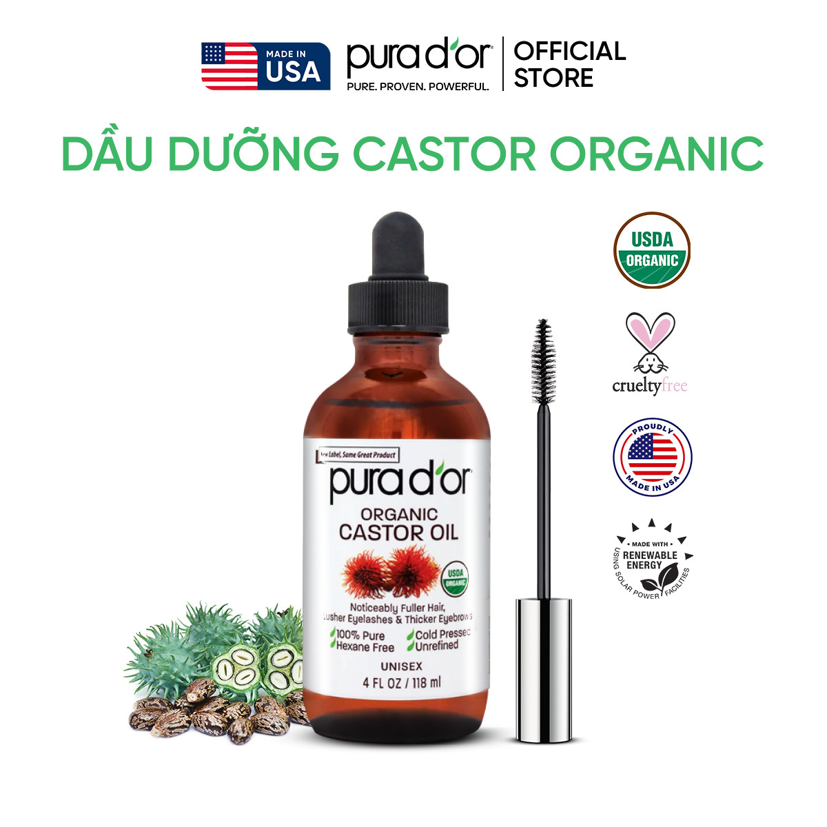 Dầu dưỡng da organic castor oil 4fl oz 118ml - 118ml pura dor