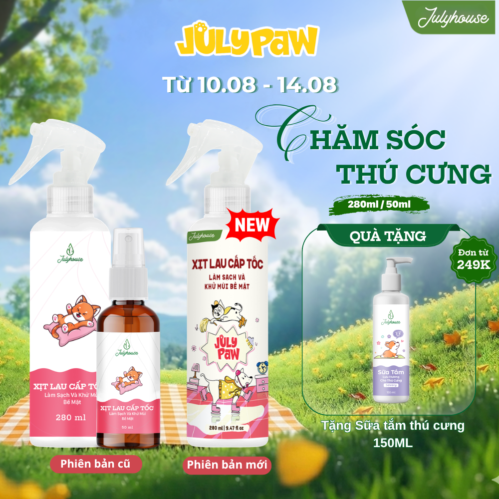 Nước lau sàn cấp tốc dạng xịt khử khuẩn khử mùi chó mèo 280ml JULYHOUSE kết hợp tinh dầu Oải Hương,Khuynh Diệp, Sả Chanh