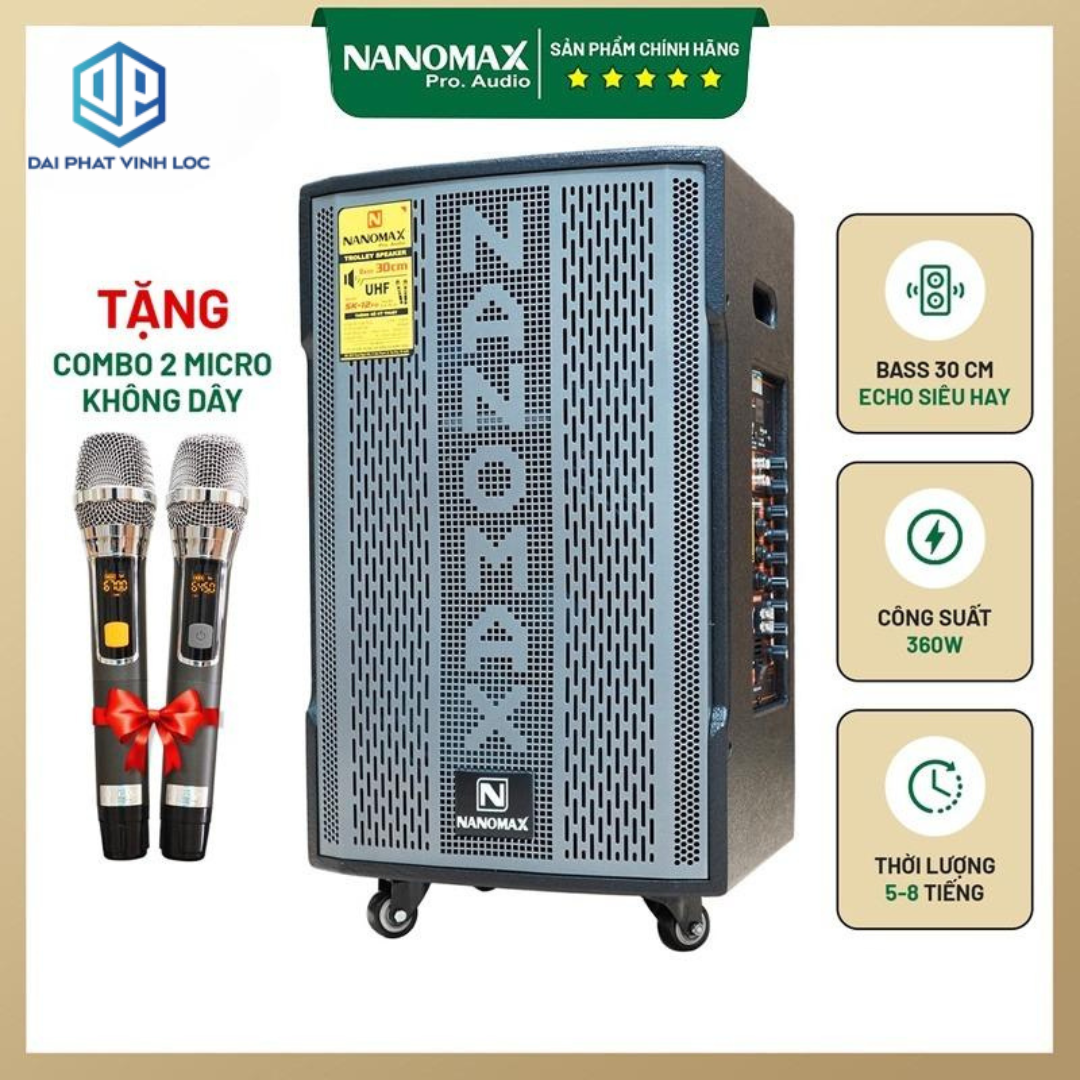 Loa kéo karaoke công suất lớn 360w | loa kéo giá rẻ nanomax sk-12f6 | loa kéo bluetooth đọc được usb thẻ nhớ tay kéo sang trọng tặng kèm 2 mic hát karaoke rk50