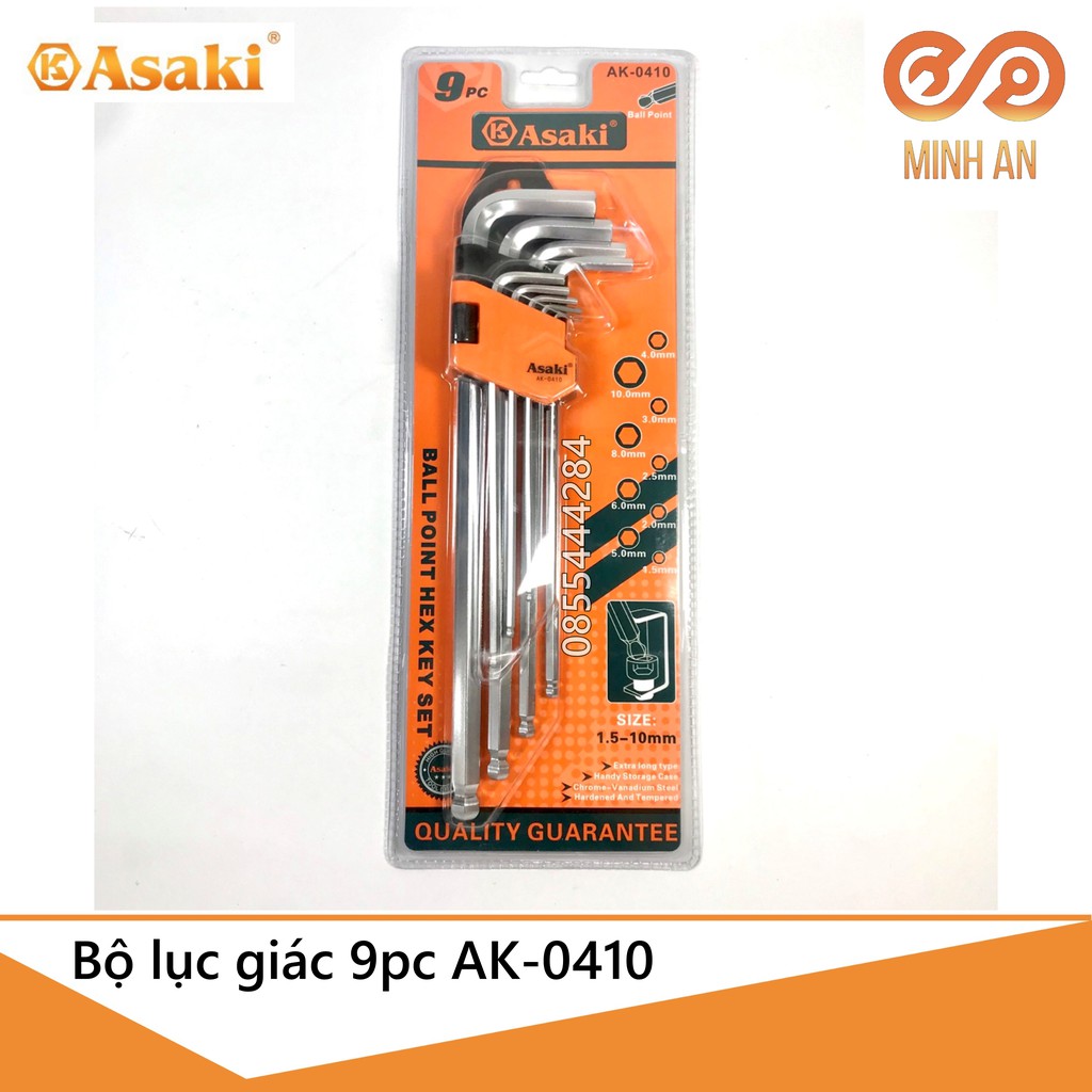 Bộ lục giác asaki ak-0410 - bộ lục giác đầu bi dài 9 chi tiết hệ m 1.5-10mm
