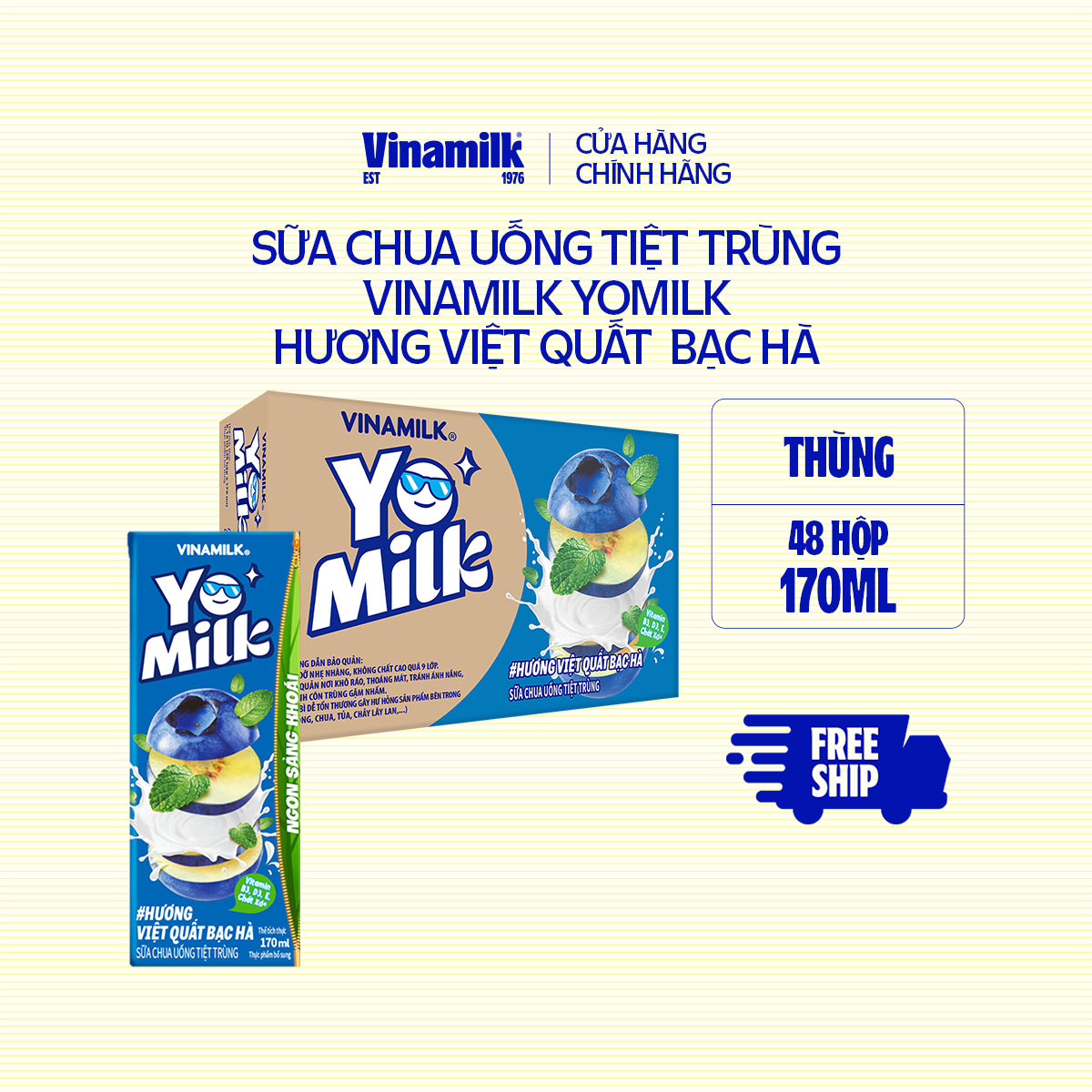 Sữa Chua Uống Tiệt Trùng Vinamilk Yomilk hương Việt Quất Bạc Hà - Thùng 48 hộp 170ml